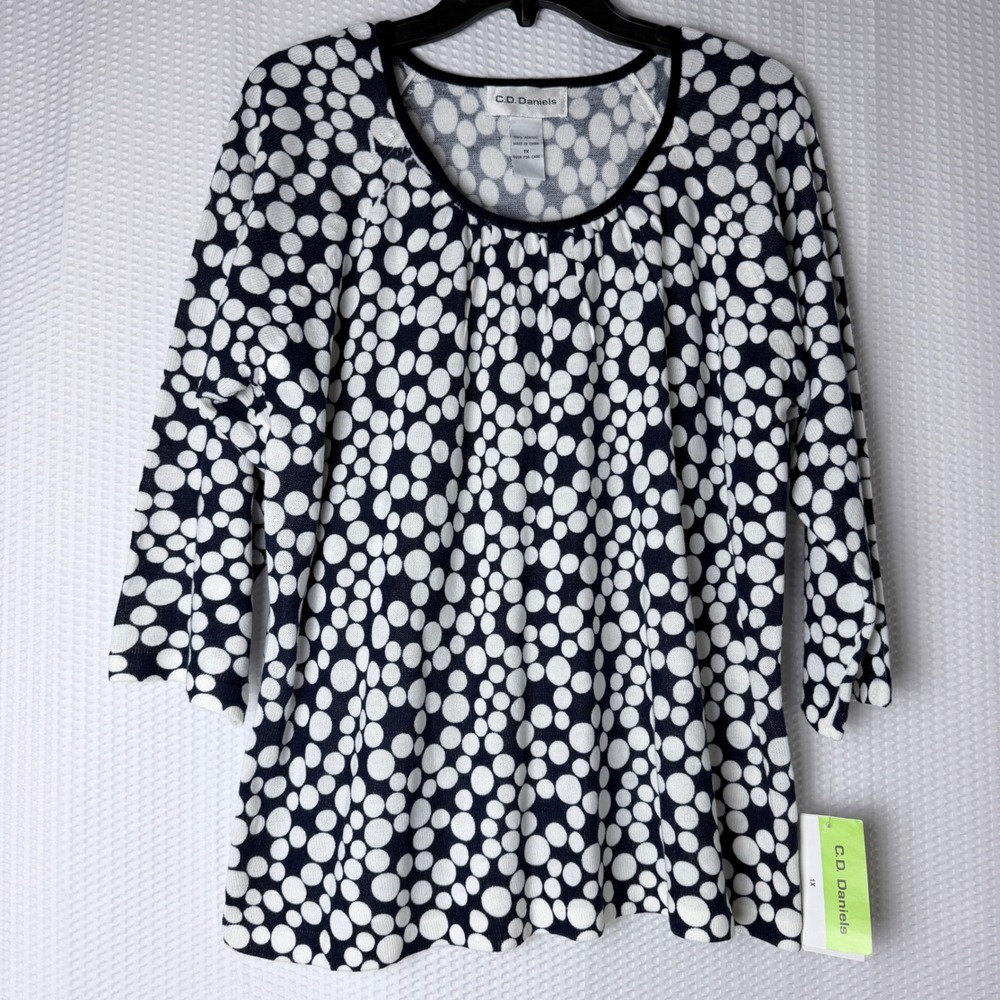 C.D. Daniels Sweater Women 1X Navy White Polka Dot 3/4 Sleeve Scoop Neck L9534ST